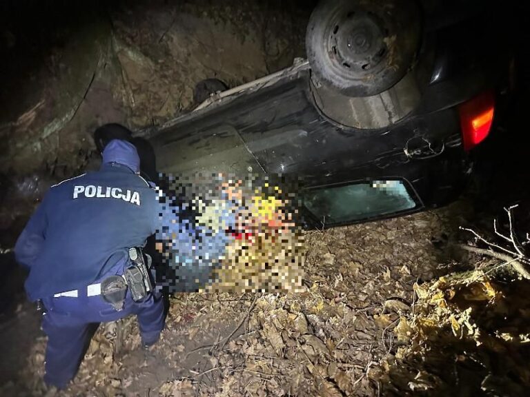 Ucieczka w gminie Krośnice zakończona dachowaniem. Dwóch mężczyzn trafiło do szpitala