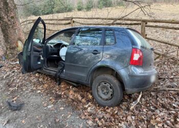 Volkswagen uderzył w drzewo. 21-latek trafił do szpitala