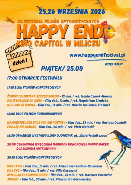 Pełny program 23. Festiwalu Filmów Optymistycznych HAPPY END. Dwa dni kina w Miliczu